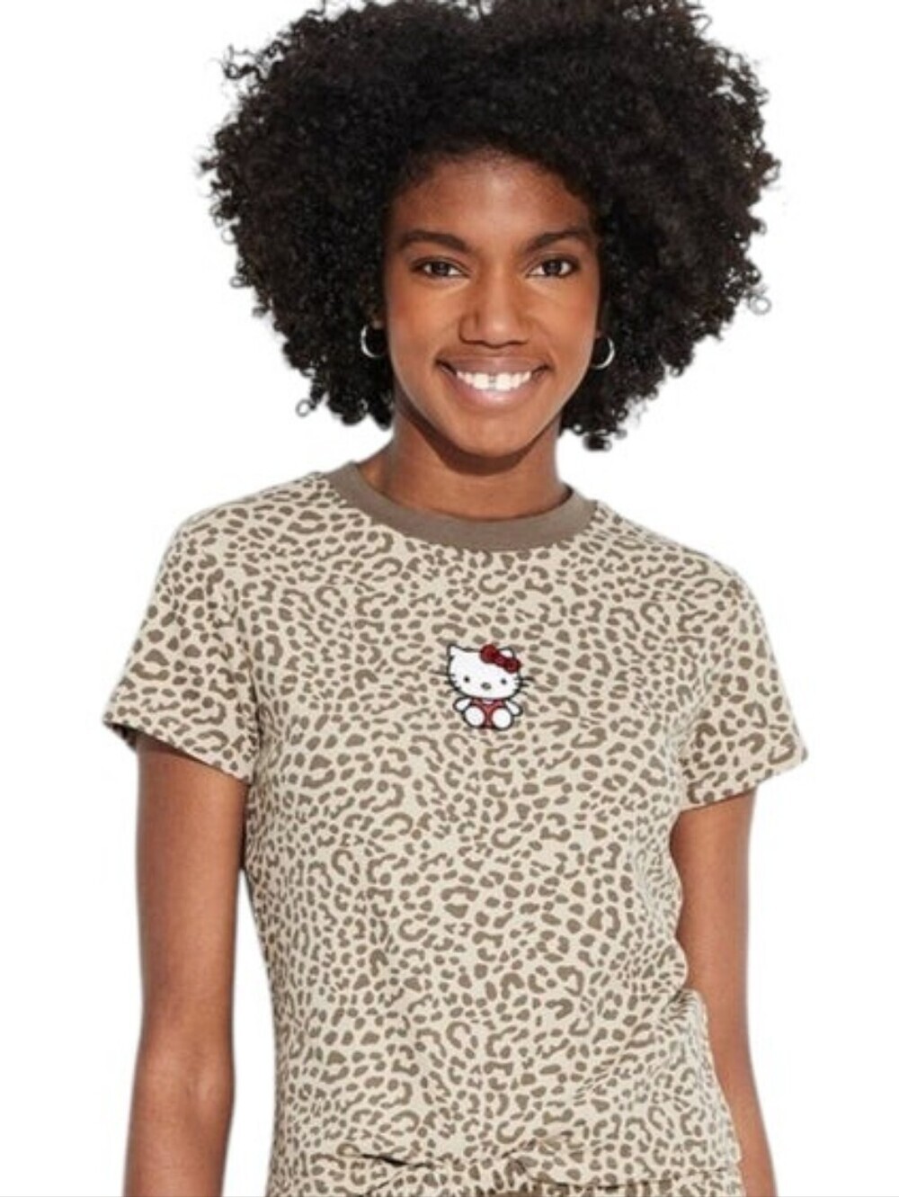 Hello Kitty Leopard Print Babydoll Ringer Tee Y2K Indie Pop L
